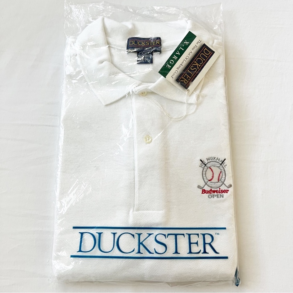 NWT Vtg Mens Duckster White Polo Joe Nuxhall Budweiser Open XL Baseball Reds MLB